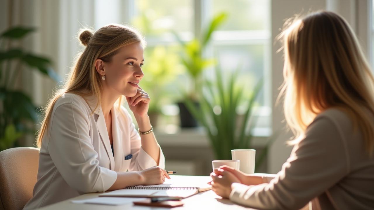 A thoughtful practitioner consulting with a client, surrounded by natural light and holistic wellness tools like a journal and herbal tea, emphasizing personalized care.